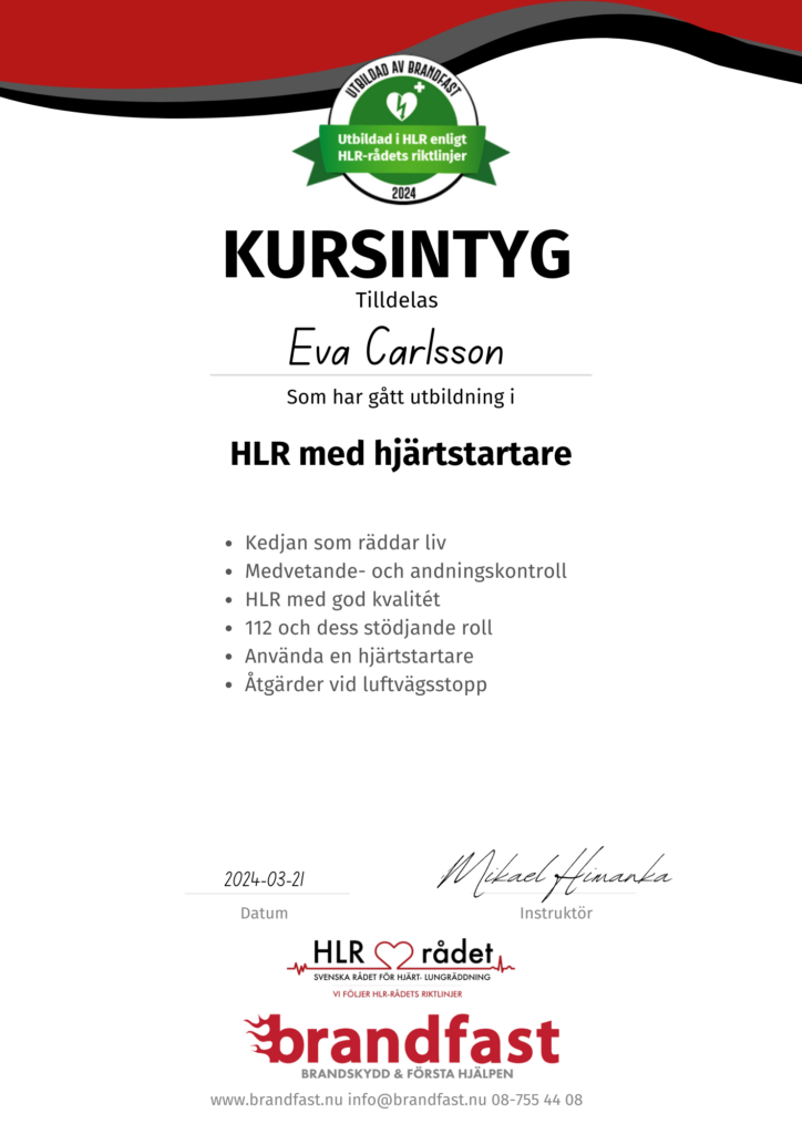 kursintyg HLR brandfast